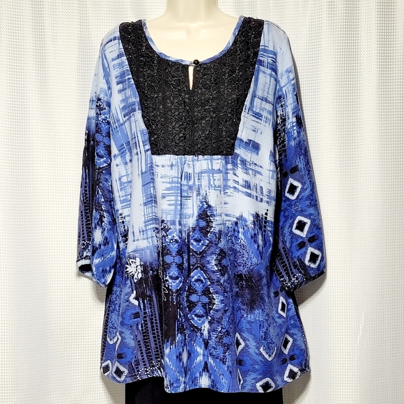 80s VTG Dress Barn Indigo Southwest Beaded Long Sleeve Pop Over Blouse (18/20) - Picture 1 of 11